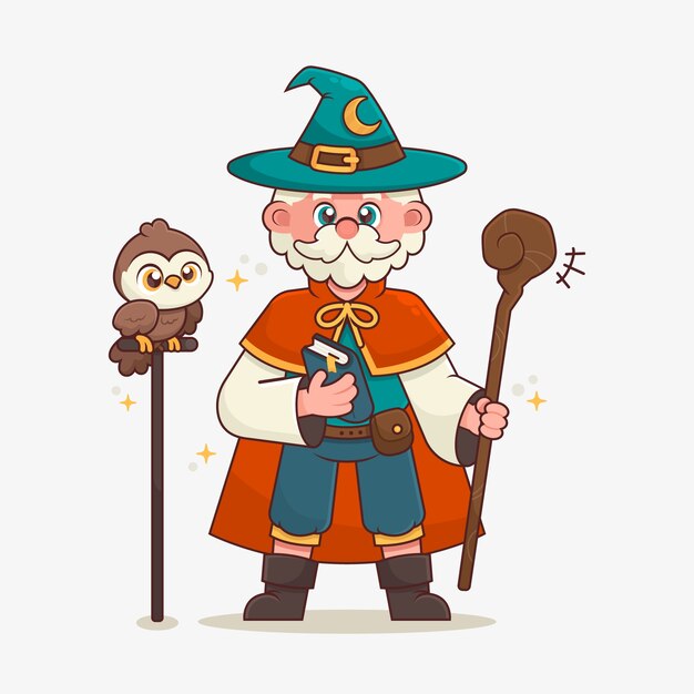 Ilustración de mago de dibujos animados dibujados a mano