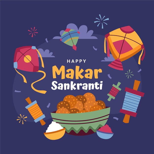 Ilustración de Makar Sankranti feliz y plano
