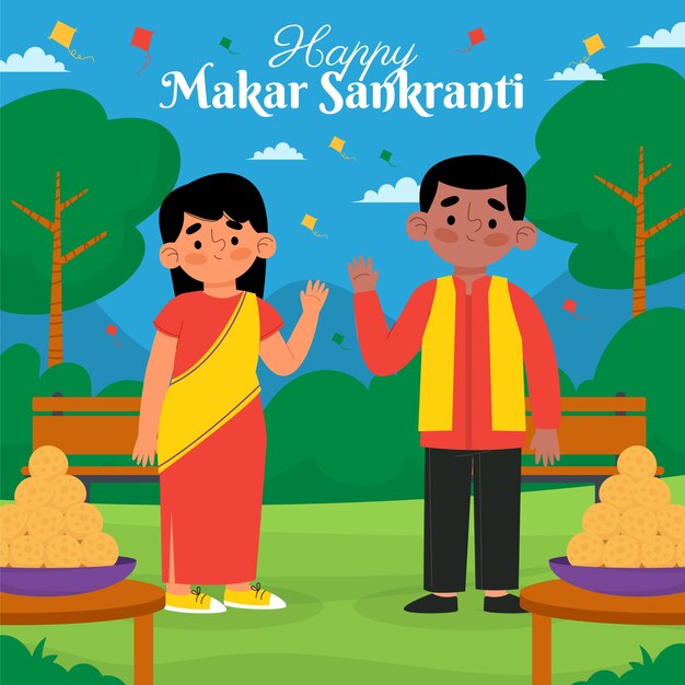 Ilustración de Makar Sankranti feliz y plano