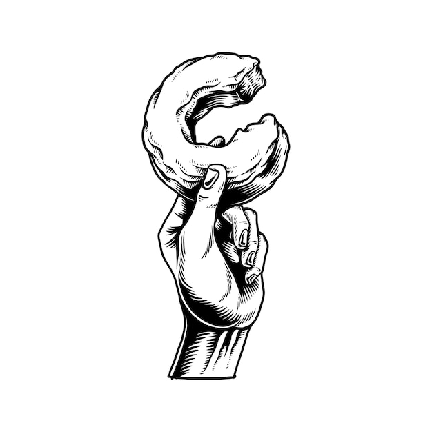 Ilustración de la mano que sostiene el icono de donut mordido