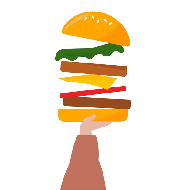 Ilustración de una mano sosteniendo una hamburguesa con queso
