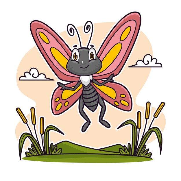 Ilustración de mariposa de dibujos animados dibujados a mano
