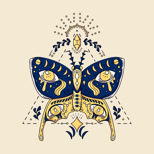 Ilustración de mariposa esotérica dibujada a mano