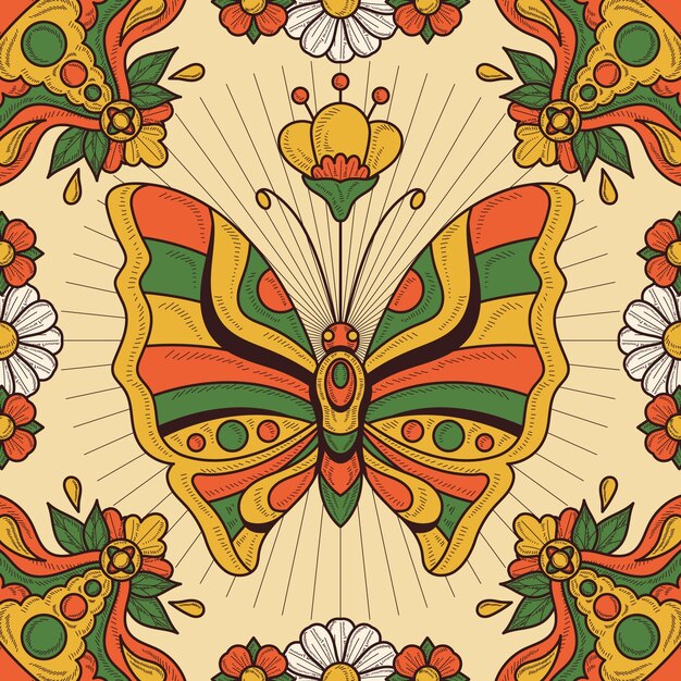 Ilustración de mariposa retro dibujada a mano