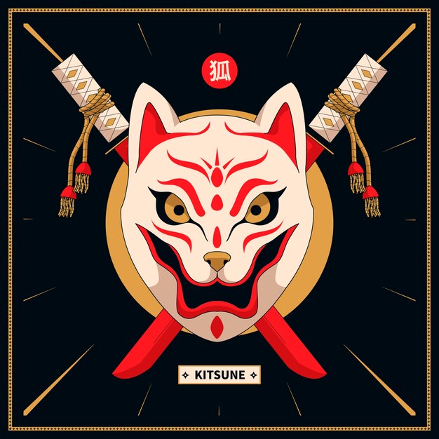 Ilustración de máscara kitsune dibujada a mano