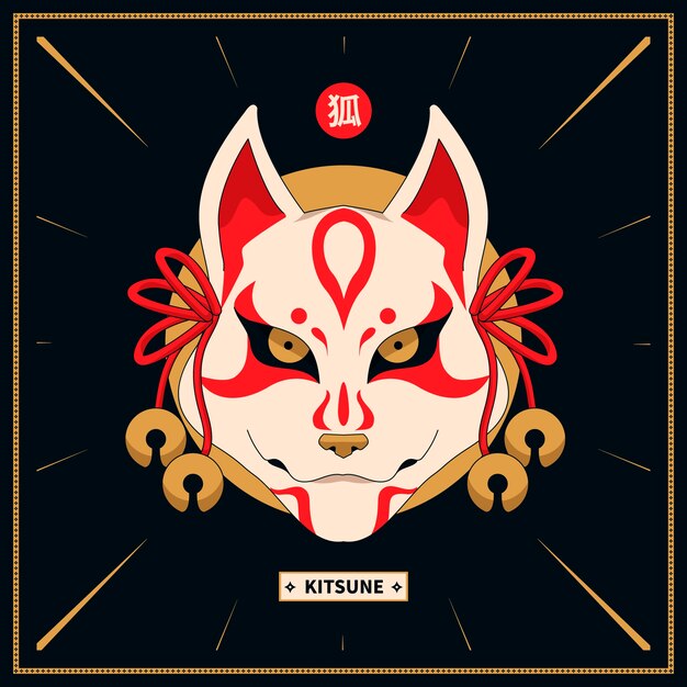 Ilustración de máscara kitsune dibujada a mano