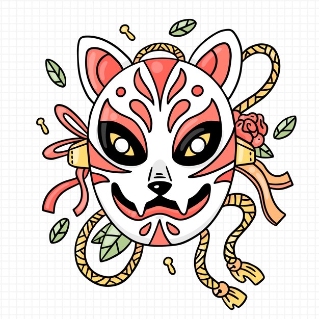 Ilustración de la máscara de kitsune dibujada a mano