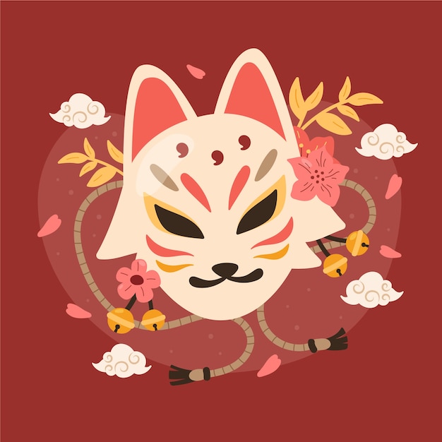 Ilustración de máscara kitsune dibujada a mano