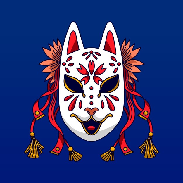 Ilustración de máscara kitsune dibujada a mano