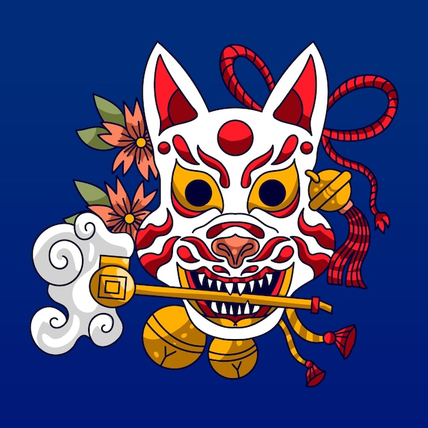 Ilustración de máscara kitsune dibujada a mano