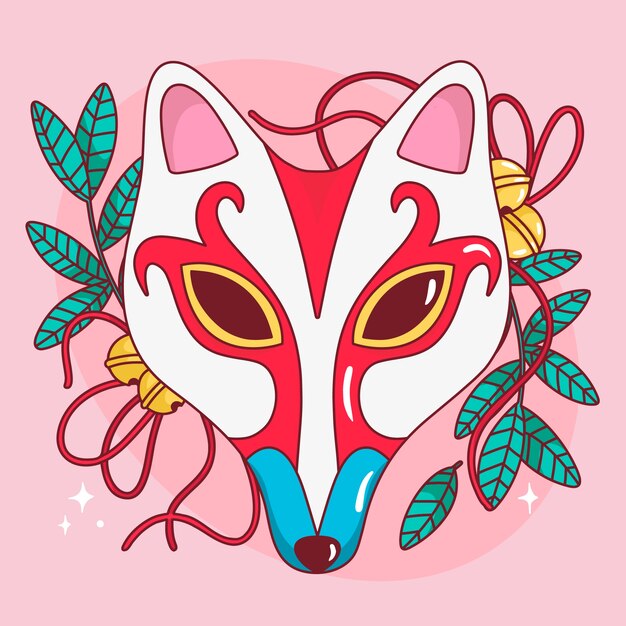 Ilustración de la máscara de kitsune dibujada a mano