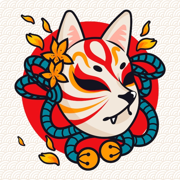 Ilustración de máscara kitsune de diseño plano dibujado a mano