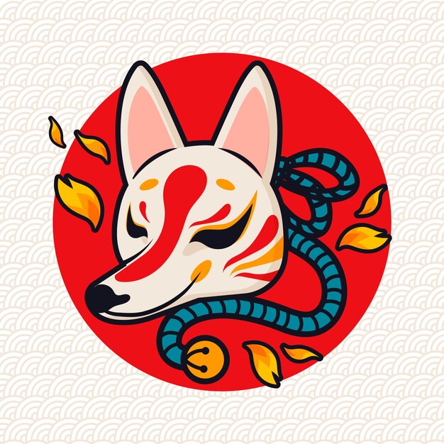 Ilustración de máscara kitsune de diseño plano dibujado a mano