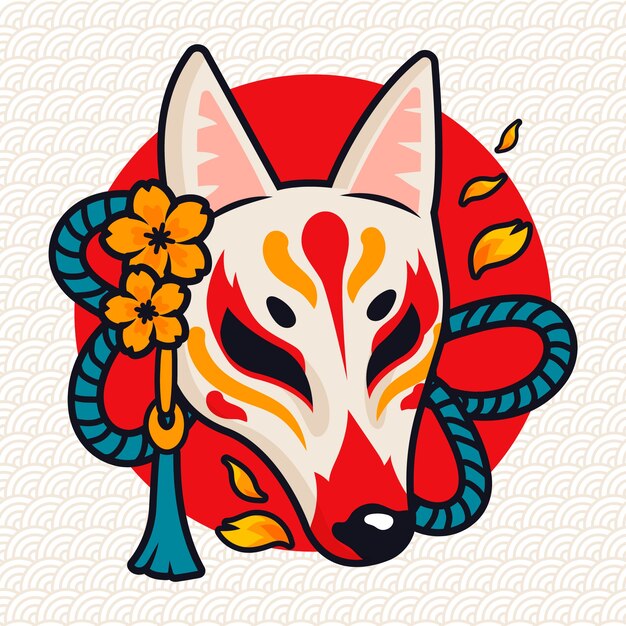 Ilustración de máscara kitsune de diseño plano dibujado a mano