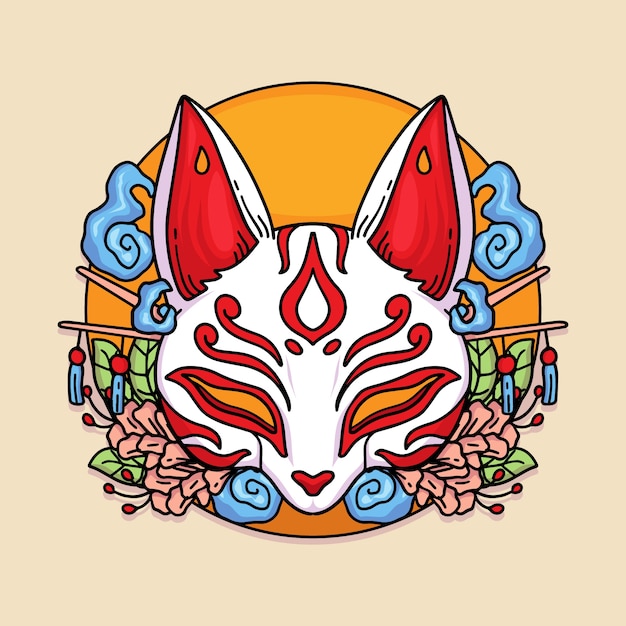 Ilustración de máscara kitsune de diseño plano dibujado a mano