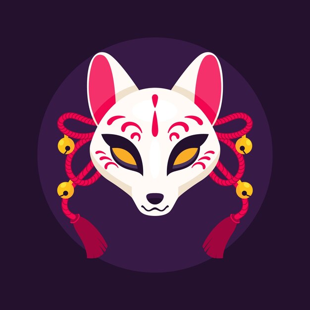 Ilustración de máscara kitsune de diseño plano dibujado a mano
