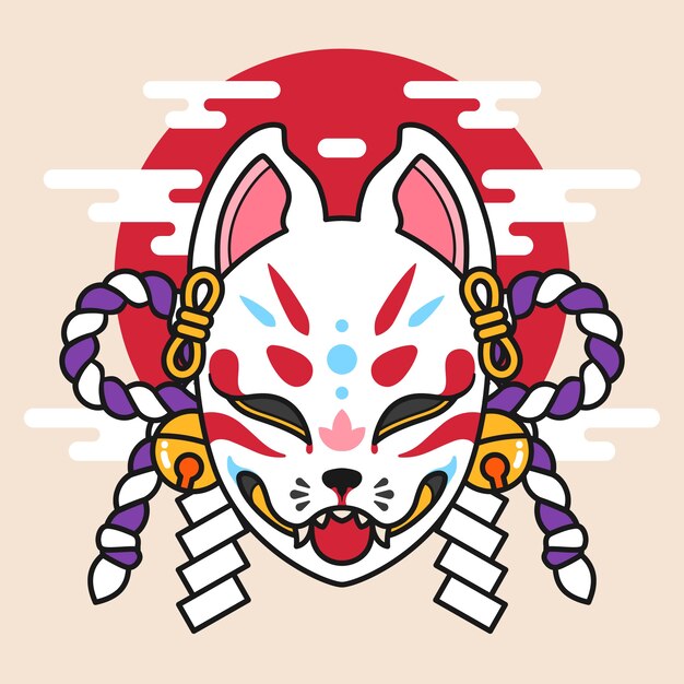 Ilustración de máscara kitsune de diseño plano dibujado a mano