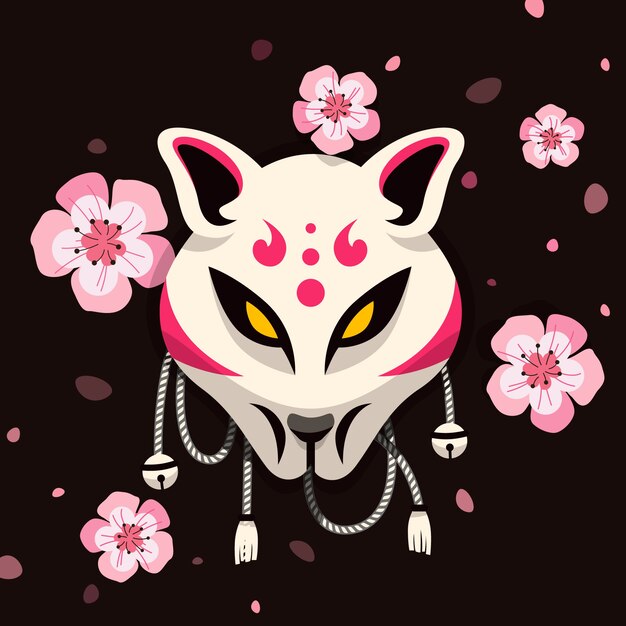 Ilustración de máscara kitsune de diseño plano dibujado a mano