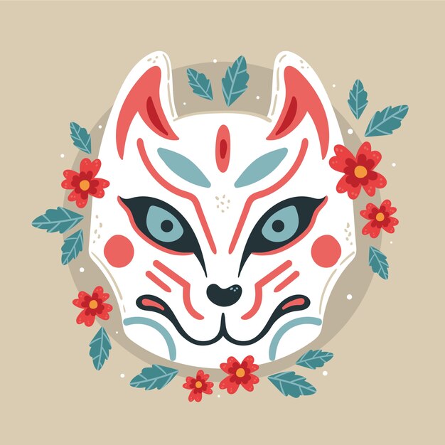 Ilustración de máscara kitsune de diseño plano dibujado a mano