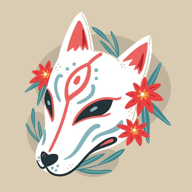 Ilustración de máscara kitsune de diseño plano dibujado a mano