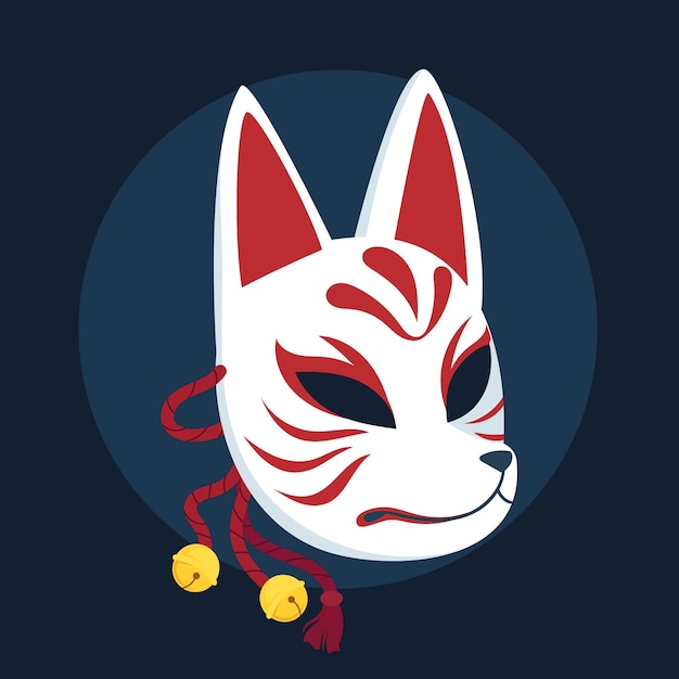 Ilustración de máscara kitsune de diseño plano dibujado a mano