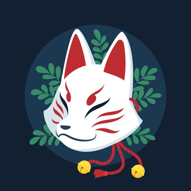 Ilustración de máscara kitsune de diseño plano dibujado a mano