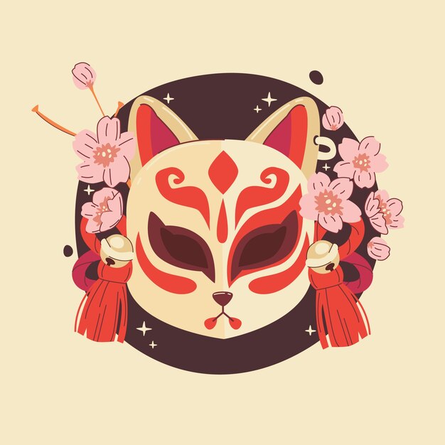 Ilustración de máscara kitsune de diseño plano dibujado a mano