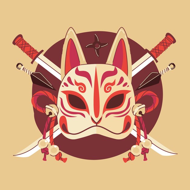 Ilustración de máscara kitsune de diseño plano dibujado a mano