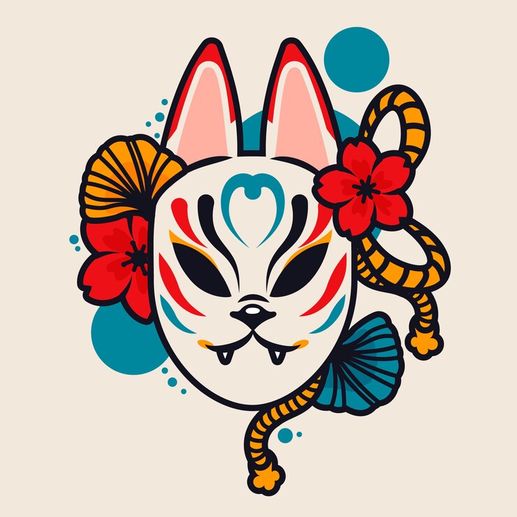 Vector gratuito ilustración de máscara kitsune de diseño plano dibujado a mano