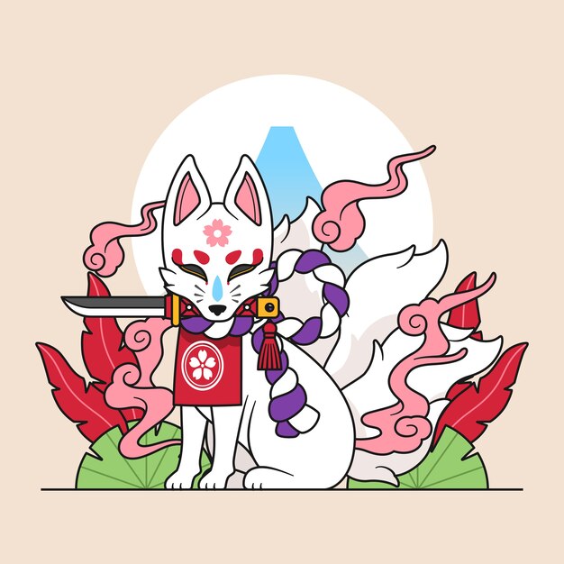 Ilustración de máscara kitsune de diseño plano dibujado a mano