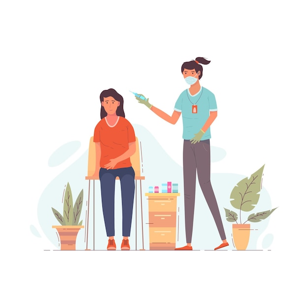 Ilustración de un médico inyectando la vacuna a un paciente en una clínica
