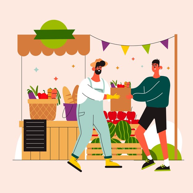 Ilustración de mercado de agricultores de diseño plano dibujado a mano