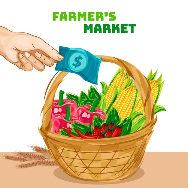 Ilustración de mercado de agricultores de diseño plano dibujado a mano