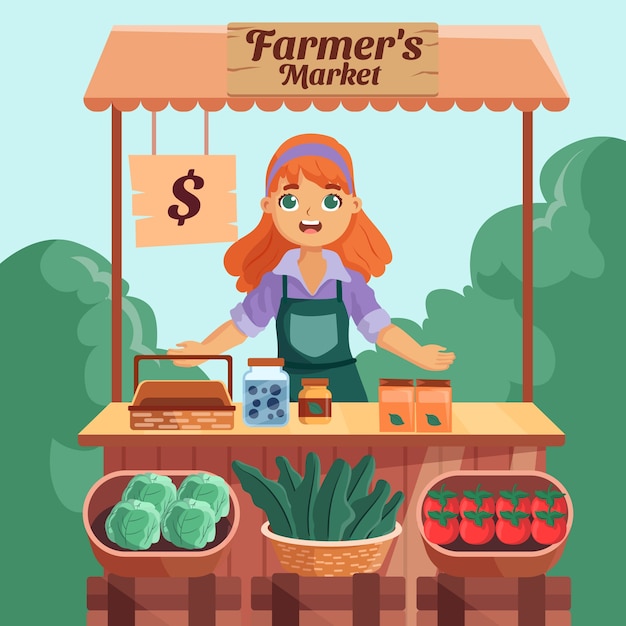 Vector gratuito ilustración de mercado de agricultores de diseño plano dibujado a mano