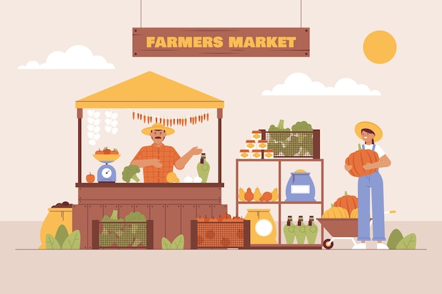 Ilustración de mercado de agricultores de diseño plano