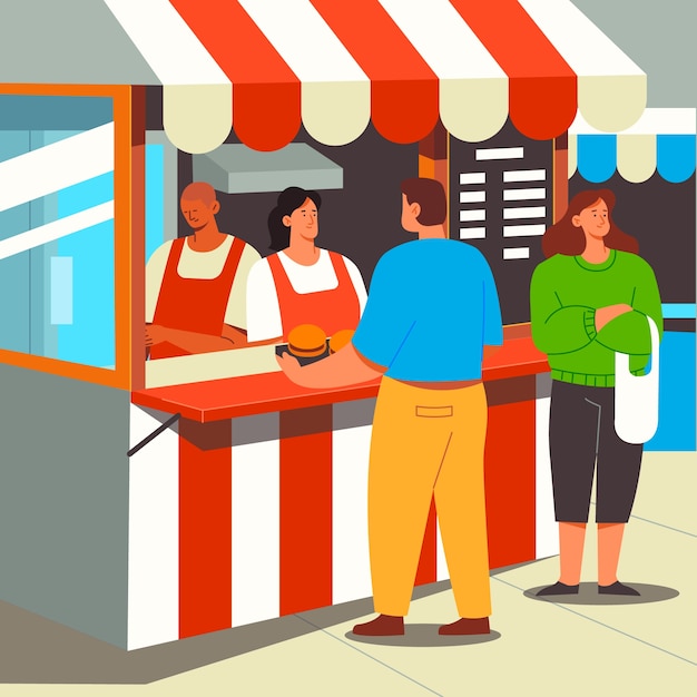 Vector gratuito ilustración de mercado de comida callejera dibujada a mano