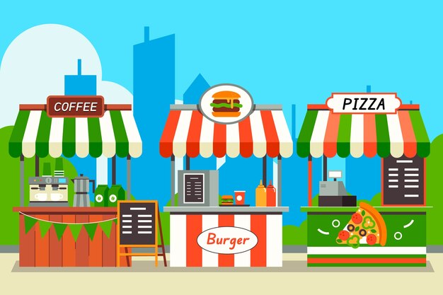Ilustración de mercado de comida callejera dibujada a mano