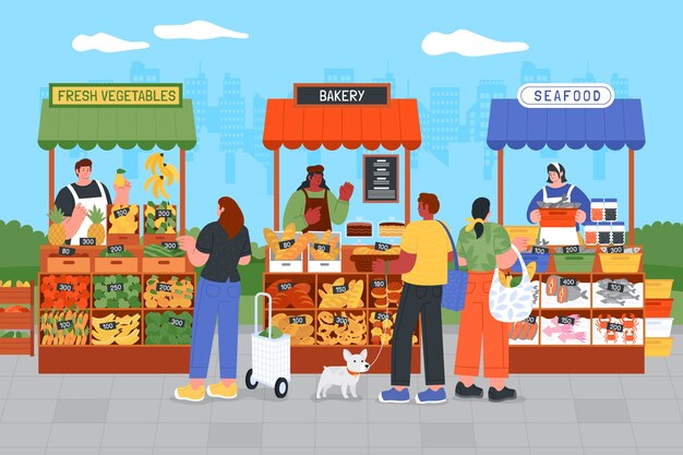 Ilustración de mercado de comida callejera dibujada a mano