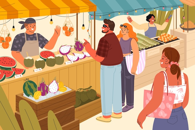 Ilustración de mercado de comida callejera de diseño plano