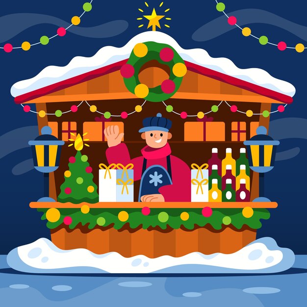 Ilustración de mercado de navidad plano