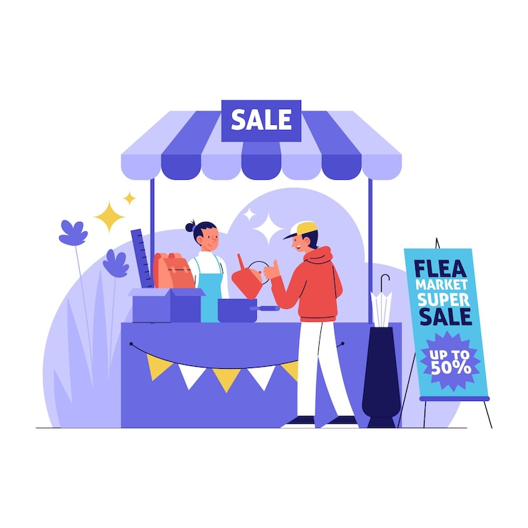 Vector gratuito ilustración de mercado de pulgas dibujado a mano plana con personas