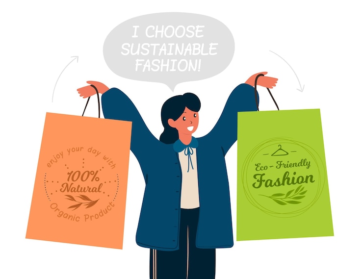 Vector gratuito ilustración de moda sostenible dibujada a mano plana con mujer sosteniendo bolsas de compras