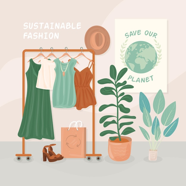 Vector gratuito ilustración de moda sostenible dibujada a mano plana con percha y ropa