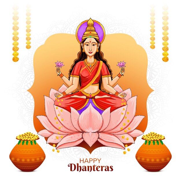 Ilustración de la moneda de oro feliz dhanteras en una olla con fondo de celebración maa lakshmi