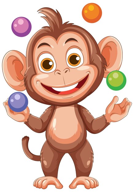 Ilustración de un mono alegre haciendo malabarismos con bolas de colores