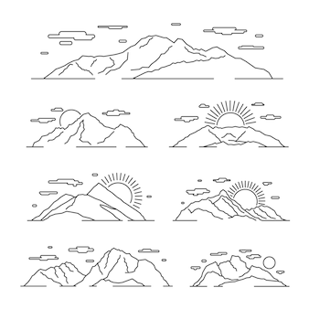 Ilustración de montañas lineales. línea conjunto de paisaje de los alpes de montaña. paisaje lineal con roca de montaña.