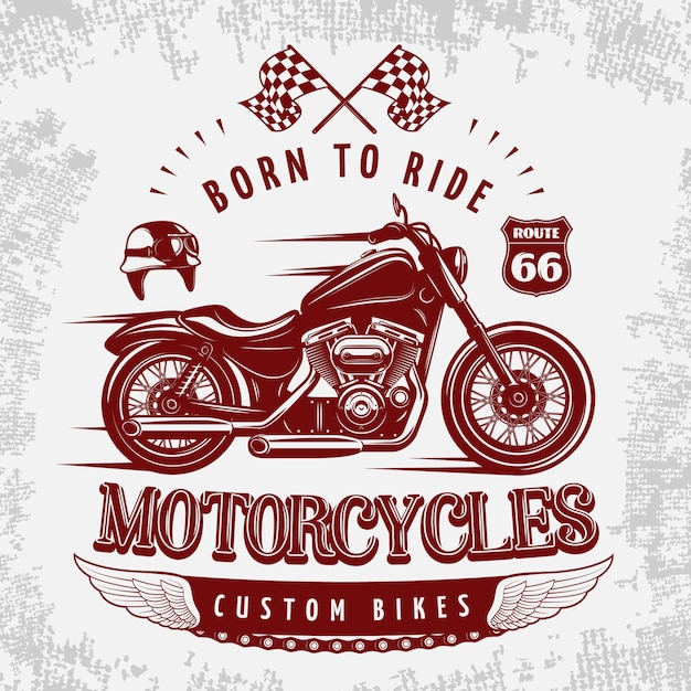 Vector gratuito ilustración de motocicleta gris con bicicleta vinosa en carretera y titular nacido para conducir
