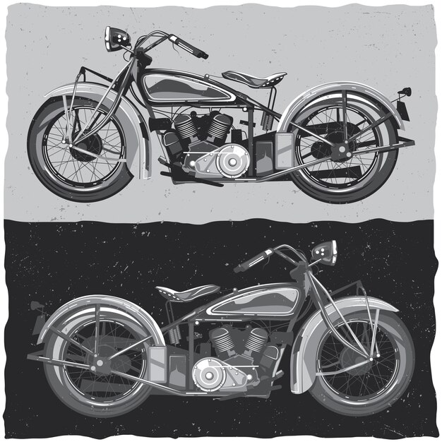 Ilustración de motocicletas clásicas en blanco y negro