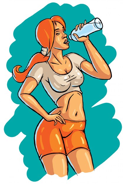 Ilustración de una mujer bonita bebiendo agua