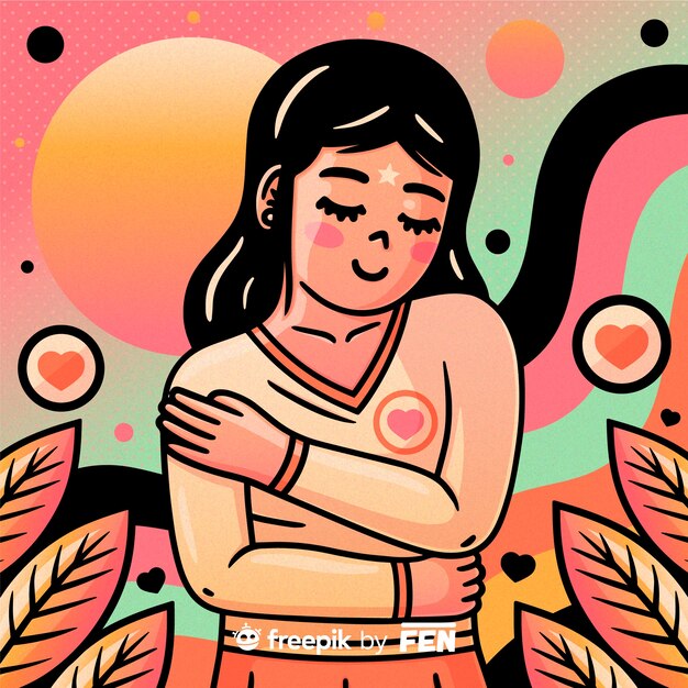 Ilustración de mujer joven abrazándose a sí misma